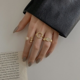 韩国简约精致法式复古圆圈镂空几何金色镶钻个性时尚高级设计感开口可调戒指
