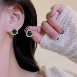 S925银针精致微镶满钻耳钉女轻奢小众富贵绿色锆石耳环耳饰品批发