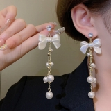 S925银针韩国简约欧美珍珠蝴蝶结长款流苏轻奢小众气质高级设计感耳钉耳饰