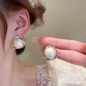 S925银针韩国简约皱纹珍珠时尚气质轻奢小众高级设计感耳钉耳饰