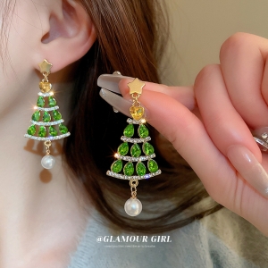 S925银针韩国轻奢满钻绿色圣诞树耳环时尚高级感气质流苏长款水滴耳坠圣诞耳饰