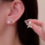 S925银针韩国新款蝴蝶珍珠耳环轻奢小众高级设计感后挂式耳钉耳饰