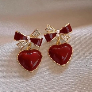 @特价 韩国蝴蝶结桃心女小众气质红色耳饰新款2024爆款独特精致耳环