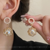 S925银针韩国镶钻镂空圆圈珍珠耳环高级感时尚几何小众耳钉耳饰女