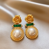 韩国镶钻花朵珍珠圆圈耳环复古几何耳坠宫廷设计感耳钉耳饰女