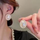 S925银针韩国复古设计感椭圆小众耳环女个性百搭气质珍珠高级感耳钉耳饰品