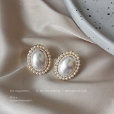 韩国复古设计感椭圆小众耳环女个性百搭气质珍珠高级感耳钉耳饰品