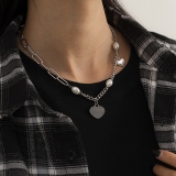 欧美跨境拼接项链锁骨链嘻哈设计网红珍珠不锈钢心形中性风项链