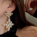 韩国镶钻花朵长款流苏耳夹欧美轻奢百搭设计感耳饰批发