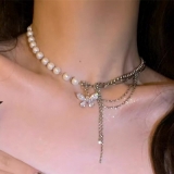 珍珠项链锆石蝴蝶流苏拼接小众设计轻奢百搭高级感锁骨链女