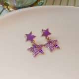 紫色镶钻星星滴油耳钉复古小众气质高级感耳环甜酷风耳饰