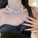 新款甜美仿珍珠双层项链满钻蝴蝶结颈链时尚个性配饰女