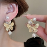 小众金属感蝴蝶珍珠耳环法式复古一款两戴气质高级耳饰女