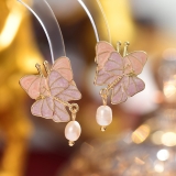 法式蝴蝶滴油粉色复古港风耳钉超仙气珍珠气质耳环