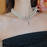 韩国镶钻树叶水滴双层珍珠项链法式轻奢风锁骨链时尚优雅百搭项饰