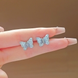 韩国小清新蓝色渐变水晶蝴蝶耳钉女轻奢小众高级感耳环耳饰品