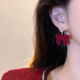 韩国秋冬新款喜庆红色丝绒蝴蝶结耳钉女时尚气质爱心甜美耳环耳饰批发