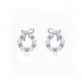 @特价@韩国镶钻蝴蝶结耳钉女气质镂空仿珍珠花环耳饰高级感耳环