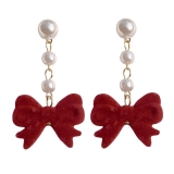 珍珠流苏吊坠红色植绒蝴蝶结耳钉小清新甜美高级氛围感耳饰品百搭