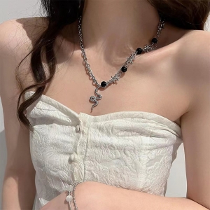 韩国小众设计水钻蛇形黑色串珠拼接链条项链ins潮嘻哈甜酷锁骨链吊坠