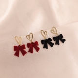 韩国秋冬红色植绒蝴蝶结耳环爱心耳钉耳饰甜美耳饰女