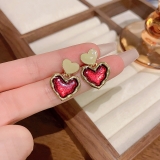 港风酒红色爱心滴釉耳钉ins简约通勤时尚耳饰复古耳环批发