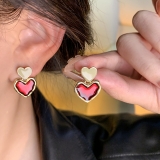 港风酒红色爱心滴釉耳钉ins简约通勤时尚耳饰复古耳环批发