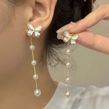 韩国蝴蝶结流苏珍珠气质小众轻奢一款两戴高级设计感耳钉
