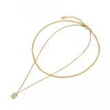 跨境爆款双层蛇链颈链方形锆石吊坠项链简约轻奢高级感