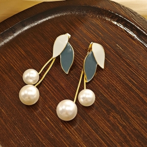 珍珠叶子流苏耳环小众设计感气质轻奢树叶耳钉蚊香盘无耳洞耳夹女