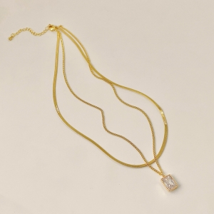 跨境爆款双层蛇链颈链方形锆石吊坠项链简约轻奢高级感