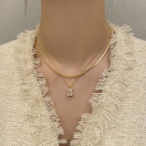 跨境爆款双层蛇链颈链方形锆石吊坠项链简约轻奢高级感