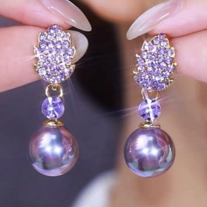 @特价 2025年紫气东来镶钻树叶紫珠耳钉秋冬新款气质耳坠小众设计感耳饰