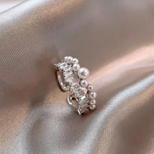 韩国·精致显手白珍珠锆石开口戒指轻奢小众气质高级感食指戒