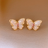 法式复古森系粉锆石蝴蝶耳钉 莫奈花园白色滴油超仙气质耳环
