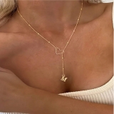 欧美跨境不锈钢镂空爱心字母项链时尚百搭精致锁骨链女精美夹珠链