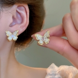 法式复古森系粉锆石蝴蝶耳钉 莫奈花园白色滴油超仙气质耳环