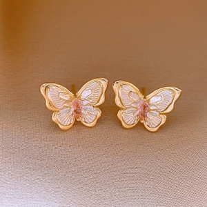 法式复古森系粉锆石蝴蝶耳钉 莫奈花园白色滴油超仙气质耳环