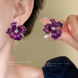 中古vintage滴油镶钻花朵耳环小众高级感气质耳钉复古耳扣耳饰女