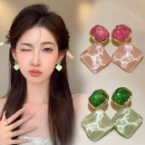 清新滴油波光粼粼方形耳钉 小众高级感彩色菱形耳环ins简约风耳饰