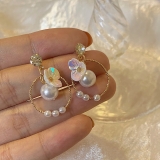 新款时尚潮耳钉耳饰少女甜美珍珠花朵缕空圆圈镶钻耳钉耳饰女