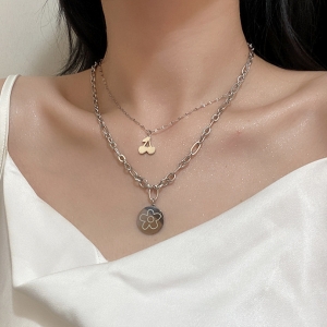 @特价韩国ins几何双层个性樱桃花朵圆牌锁骨链 甜酷风多层项链女