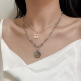 @特价韩国ins几何双层个性樱桃花朵圆牌锁骨链 甜酷风多层项链女