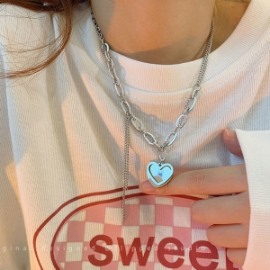 @特价甜酷爱心银色拼接项链女设计感毛衣链配饰小众秋卫衣链ins风