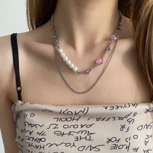 @特价粉色圆球拼接珍珠双层项链女y2k辣妹甜酷高级配饰小众轻奢锁骨链