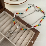 @特价笑脸爱心项链女ins潮嘻哈双层叠戴卫衣链男亚克力彩色串珠锁骨链