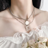 @特价欧美时尚潮流轻奢简约百搭新款圆牌字母D双层不锈钢项链