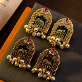 新款油画风时尚新中式耳坠巴洛克大象珍珠炫彩滴釉款女士耳坠