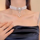 法式复古宫廷风气质珍珠流苏锁骨链优雅椭圆珍珠流苏项链镶钻项饰