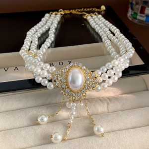 法式复古宫廷风气质珍珠流苏锁骨链优雅椭圆珍珠流苏项链镶钻项饰